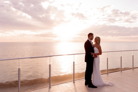 pink skies, bride + groom photo