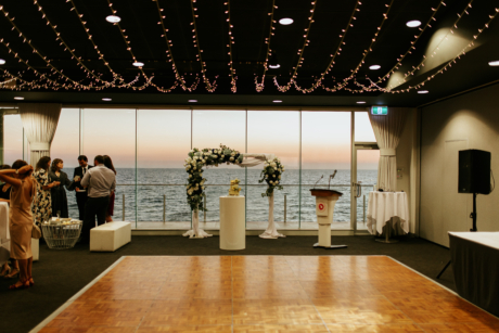 water venue, fairy lights, views